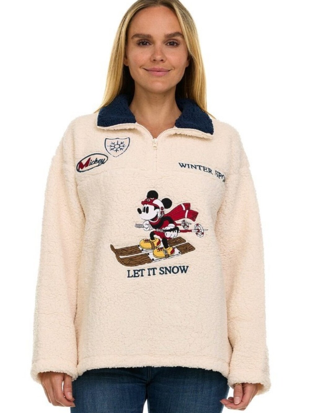 Disney Cream Sherpa Pullover Mickey Ski Let It Snow Embroidered Sweater Top NWOT